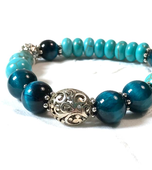 Turquoise Boho Stretch Armband met petrol blauwe Tijgeroog - Afbeelding 2