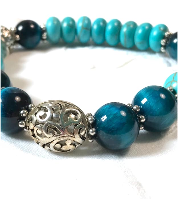 Turquoise Boho Stretch Armband met petrol blauwe Tijgeroog - Afbeelding 3
