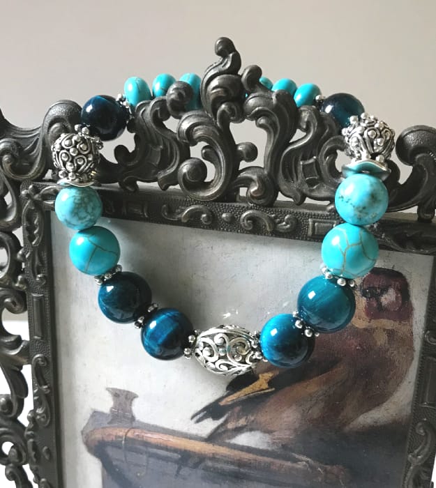 Turquoise Boho Stretch Armband met petrol blauwe Tijgeroog 2