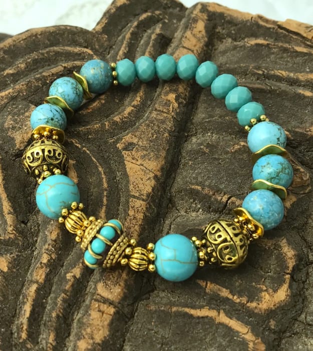 Boho stretch armband in turquoise met goud - Afbeelding 3