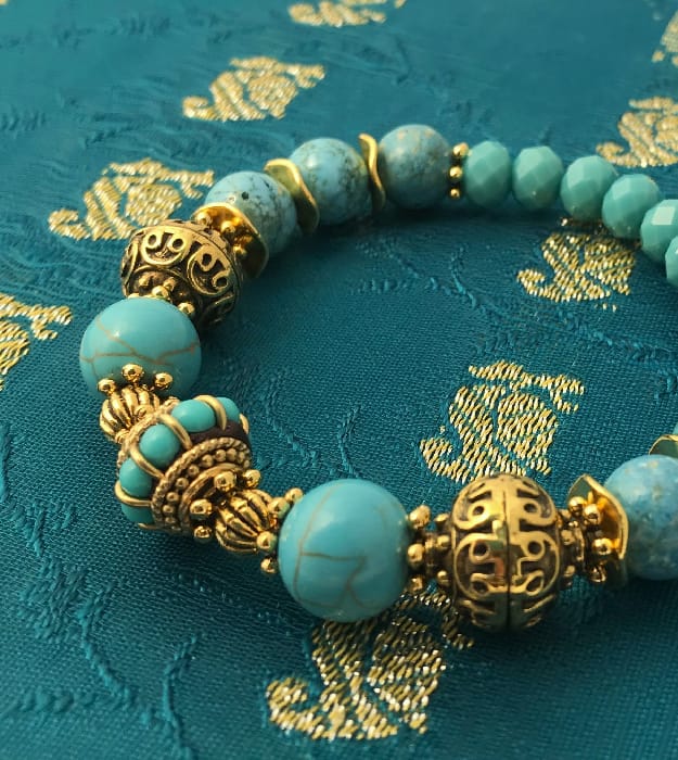 Boho stretch armband in turquoise met goud - Afbeelding 5