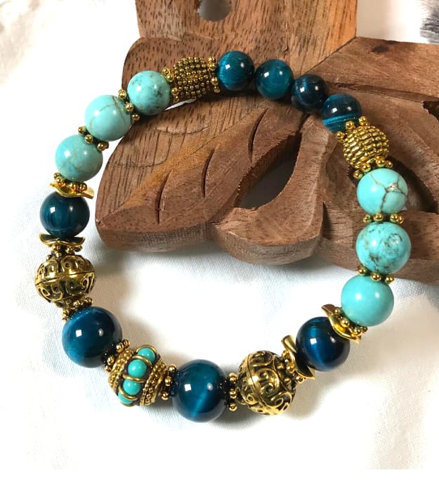 Boho Turquoise & Petrol Blauwe Armband met Tijgeroog - Afbeelding 4