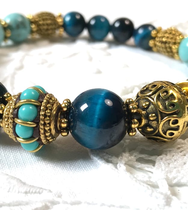 Boho Turquoise & Petrol Blauwe Armband met Tijgeroog - Afbeelding 3