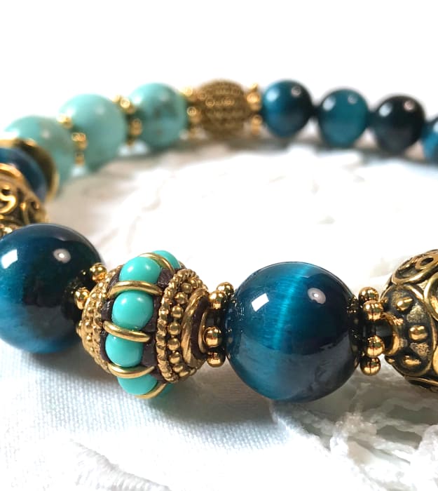 Boho Turquoise & Petrol Blauwe Armband met Tijgeroog - Afbeelding 5