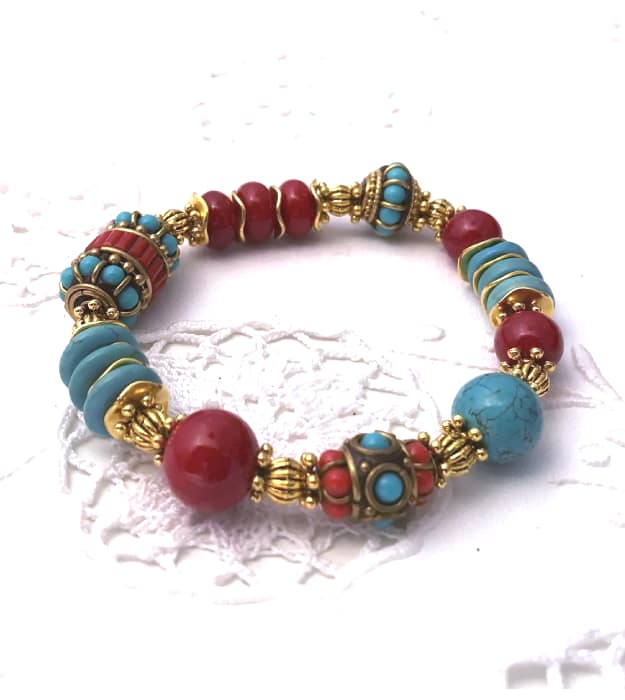 Rood met Turquoise Boho stretch armband 2
