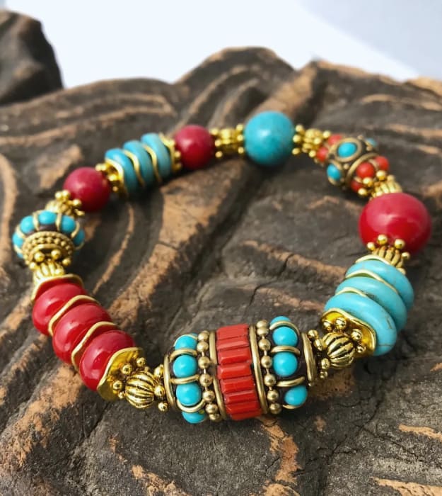 Rood met Turquoise Boho stretch armband - Afbeelding 2