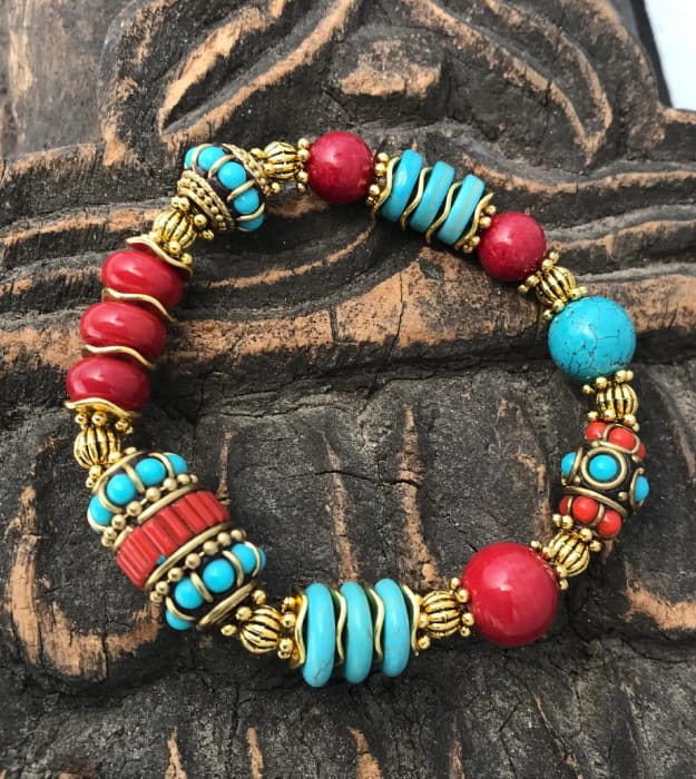 Rood met Turquoise Boho stretch armband 3