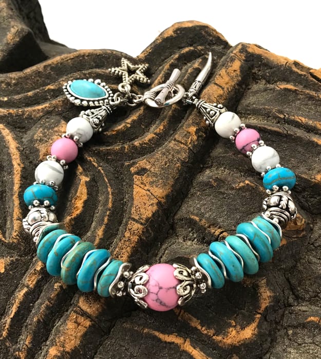 Turquoise met Roze Armband met Halfedelstenen in zilver - Afbeelding 3
