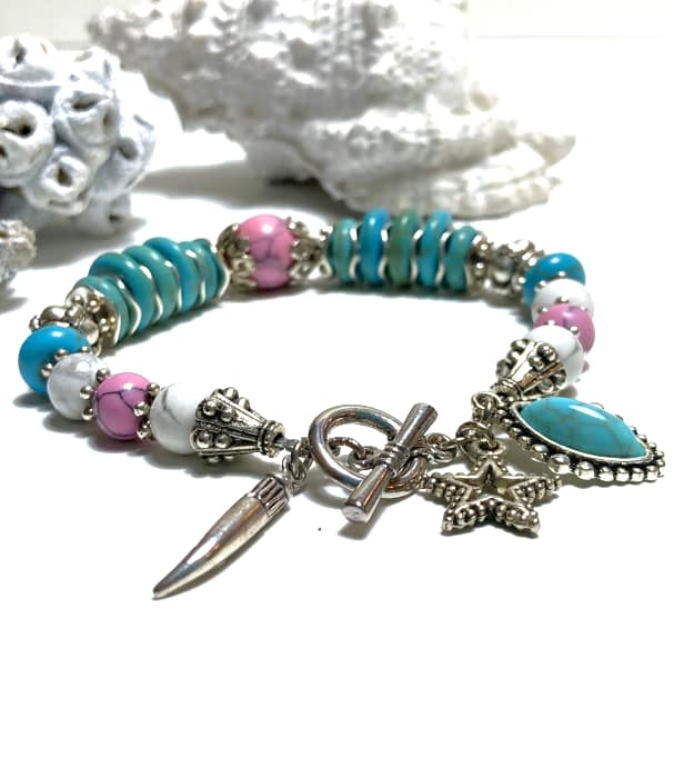 Turquoise met Roze Armband met Halfedelstenen in zilver - Afbeelding 2