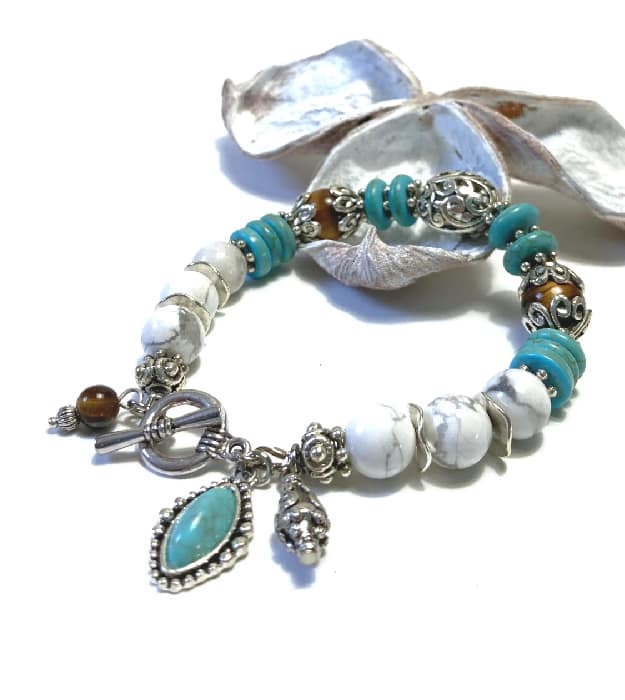 Turquoise Bedel Armband met Tijgeroog in zilver - Afbeelding 2