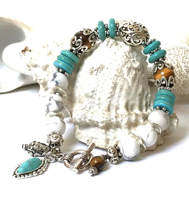 Turquoise Bedel Armband met Tijgeroog in zilver - Afbeelding 3