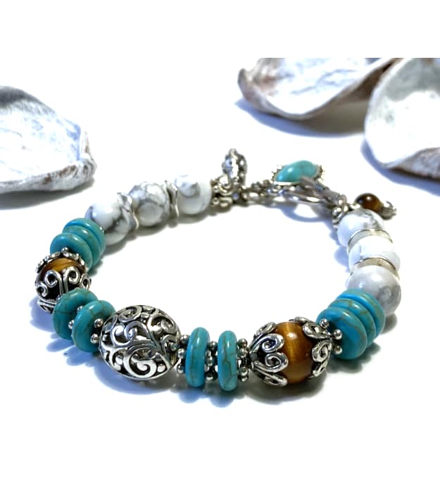 Turquoise Bedel Armband met Tijgeroog in zilver - Afbeelding 4