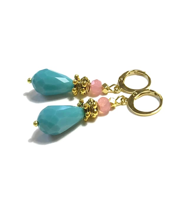turquoise met roze druppel oorbellen 2