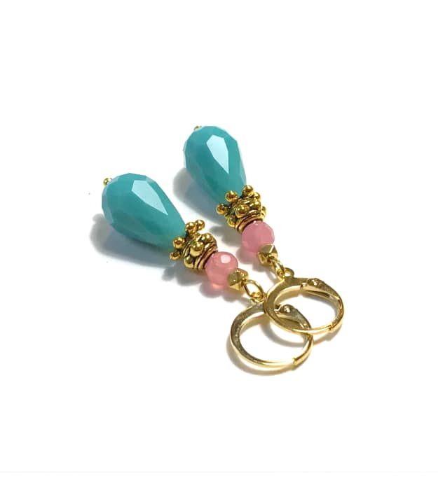 turquoise met roze druppel oorbellen 3