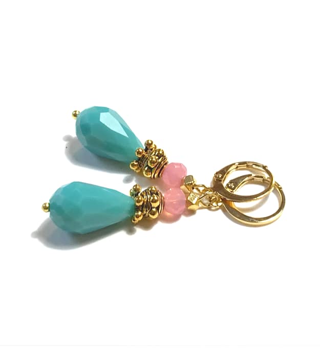 turquoise met roze druppel oorbellen 4
