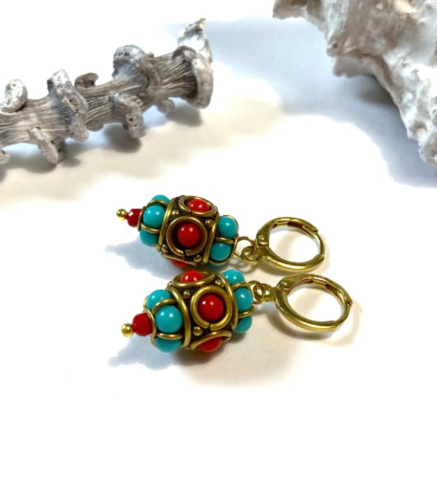 Rood, Goud & Turquoise boho Oorbellen 2