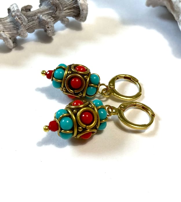 Rood, Goud & Turquoise boho Oorbellen - Afbeelding 3