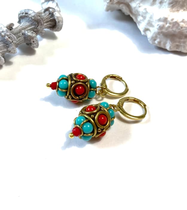 Rood, Goud & Turquoise boho Oorbellen - Afbeelding 4