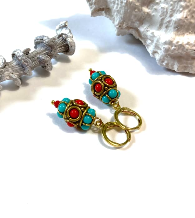 Rood, Goud & Turquoise boho Oorbellen - Afbeelding 2
