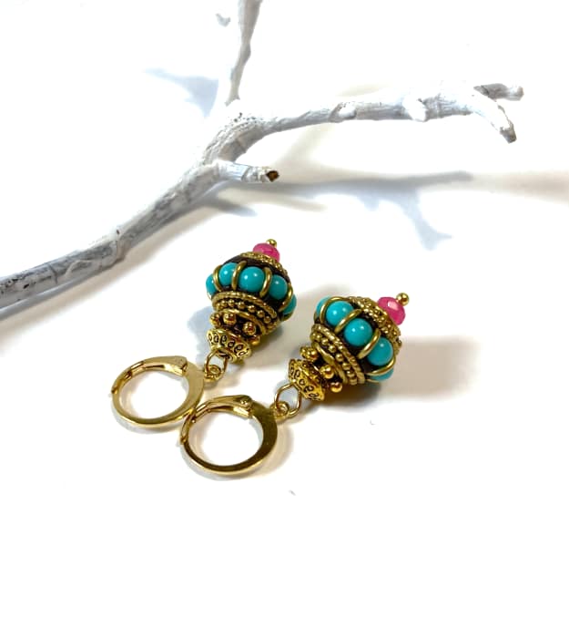 Turquoise met gouden boho oorbellen met roze Toermalijn - Afbeelding 2