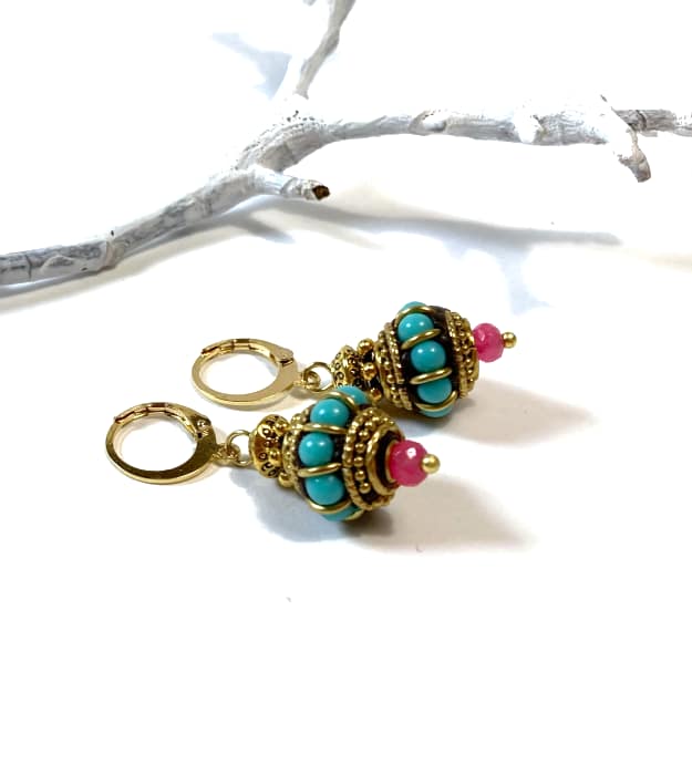 Turquoise met gouden boho oorbellen met roze Toermalijn - Afbeelding 4