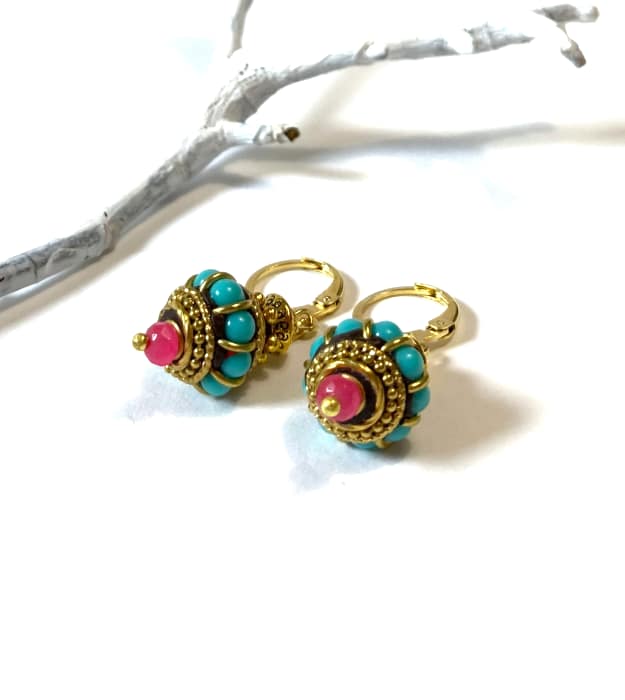 Turquoise met gouden boho oorbellen met roze Toermalijn - Afbeelding 5