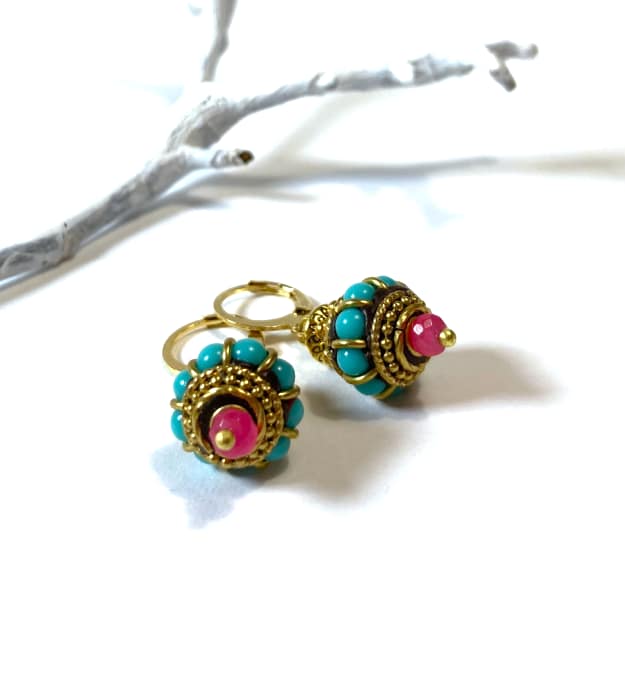 Turquoise met gouden boho oorbellen met roze Toermalijn - Afbeelding 6