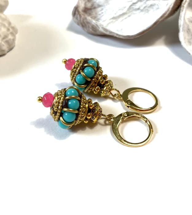 Turquoise met gouden boho oorbellen met roze Toermalijn 2
