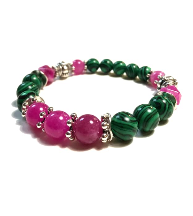 Boho Stretch Armband met Roze Toermalijn & Malachiet 4