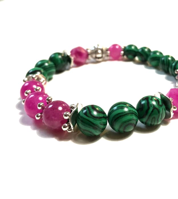 Boho Stretch Armband met Roze Toermalijn & Malachiet 3