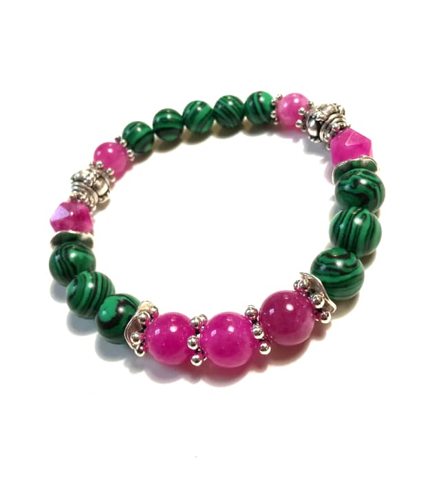 Boho Stretch Armband met Roze Toermalijn & Malachiet 2