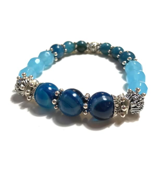 Blauwe Boho Stretch Armband met Halfedelstenen in zilver