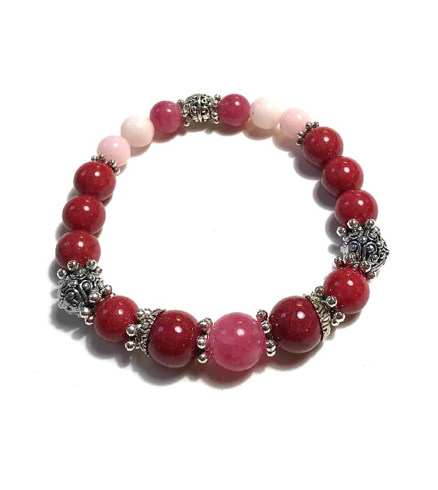 Donkerrood en Roze Stretch Armband met Halfedelstenen in zilver