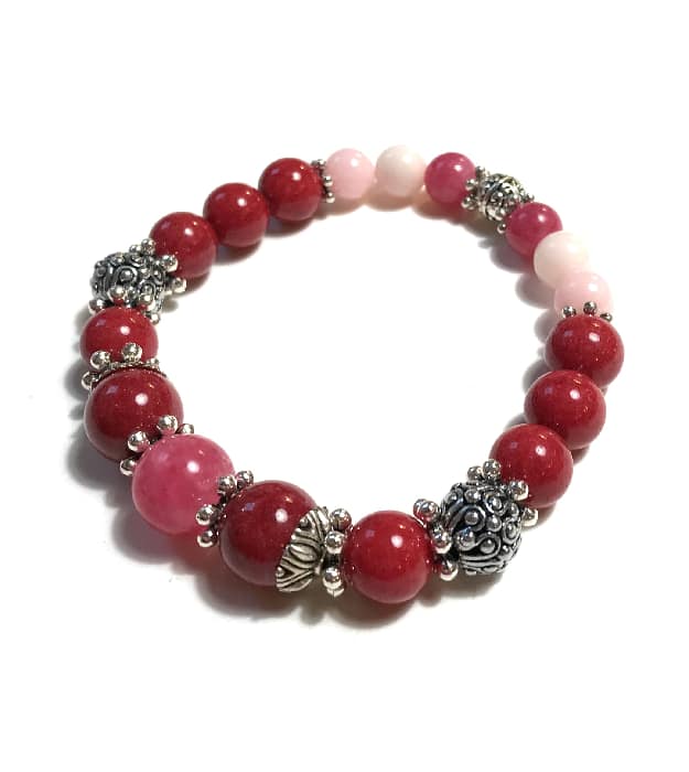 Donkerrood en Roze Stretch Armband met Halfedelstenen in zilver - Afbeelding 4