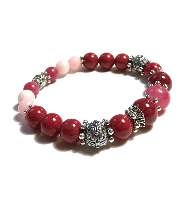 Donkerrood en Roze Stretch Armband met Halfedelstenen in zilver - Afbeelding 3