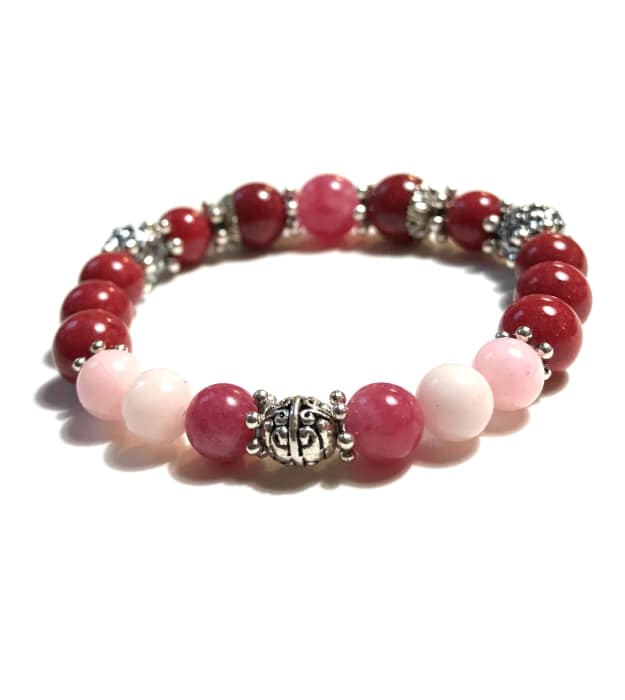 Donkerrood en Roze Stretch Armband met Halfedelstenen in zilver - Afbeelding 2