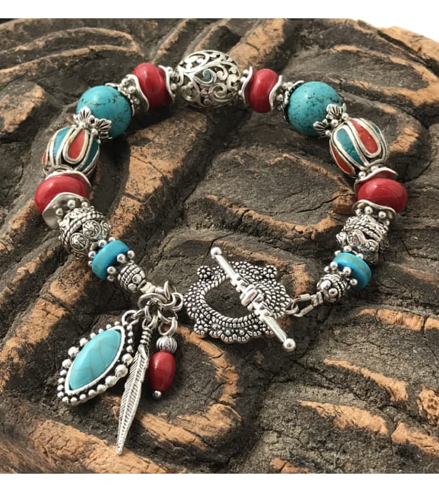 Rood met turquoise bedelarmband in zilver - Afbeelding 3