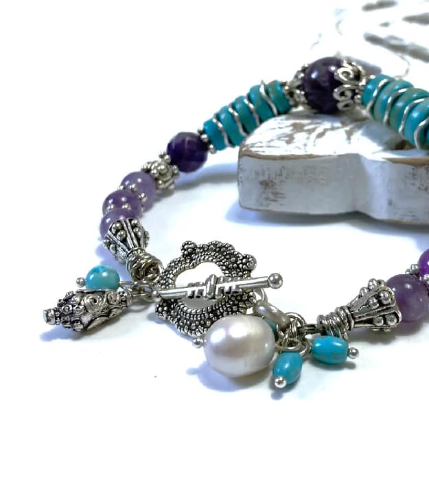 Paars met turquoise armband met Amethist in zilver 1