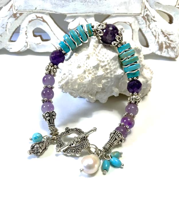 Paars met turquoise armband met Amethist in zilver - Afbeelding 4