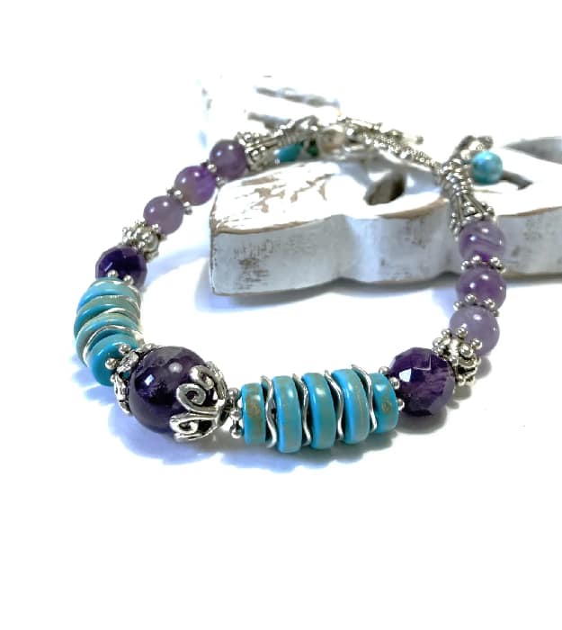 Paars met turquoise armband met Amethist in zilver - Afbeelding 2