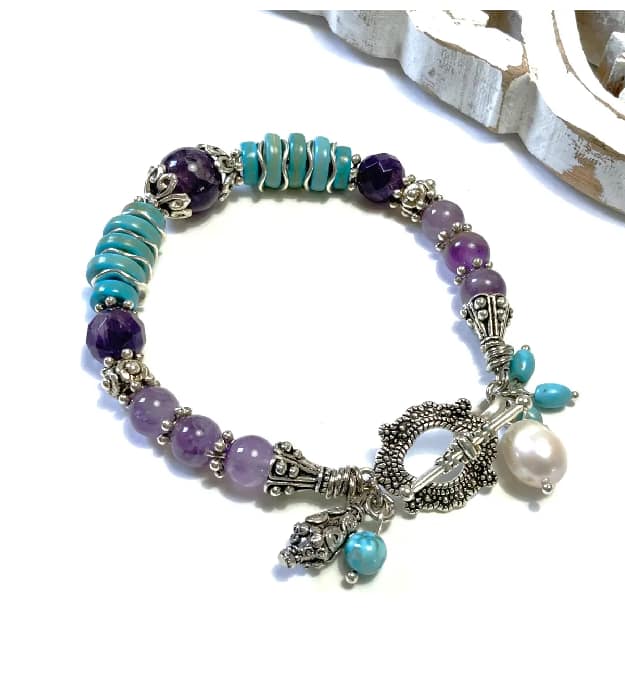 Paars met turquoise armband met Amethist in zilver - Afbeelding 5