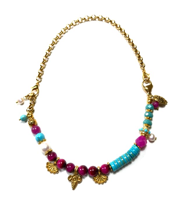 Ketting met Fuchsia en Turquoise Halfedelstenen in goud - Afbeelding 3
