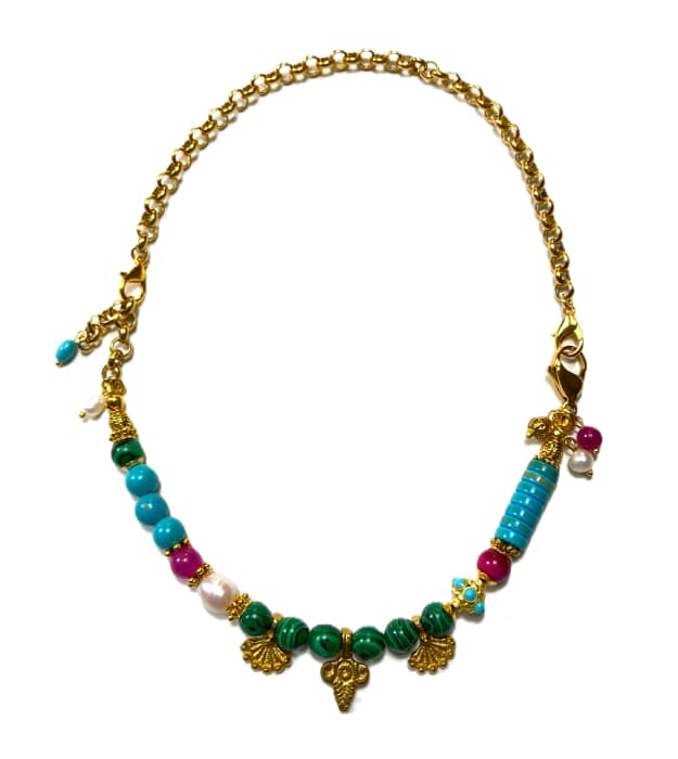 Handgemaakte ketting goud met groen turquoise en roze - Afbeelding 4