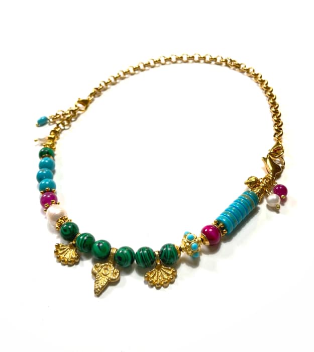 Handgemaakte ketting goud met groen turquoise en roze