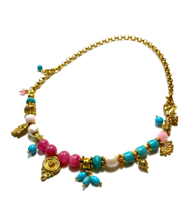 Handgemaakte Roze ketting met Halfedelstenen in goud