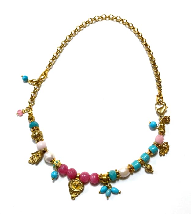 Handgemaakte Roze ketting met Halfedelstenen in goud