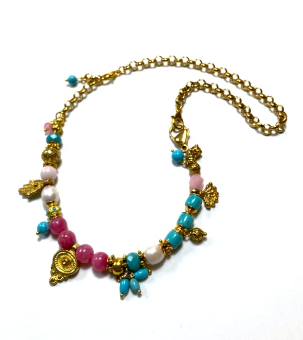 Handgemaakte Roze ketting met Halfedelstenen in goud - Afbeelding 5