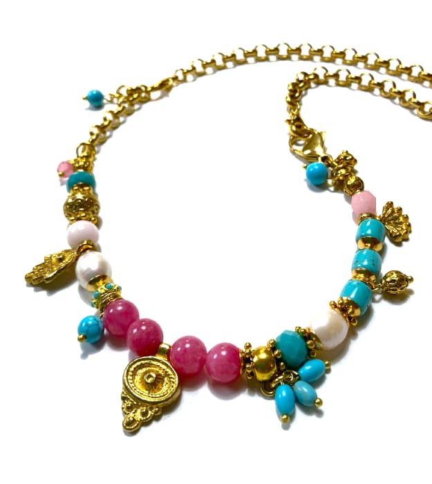 Handgemaakte Roze ketting met Halfedelstenen in goud - Afbeelding 2