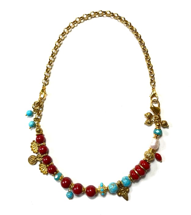 Handgemaakte Donkerrode ketting met Jade en Turquoise Howliet - Afbeelding 5