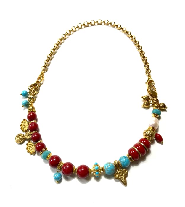 Handgemaakte Donkerrode ketting met Jade en Turquoise Howliet - Afbeelding 3